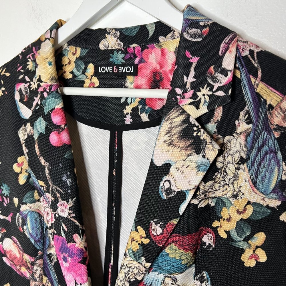 Love Women's Blazer S/M Black‎ One Button Ponte Stretch Pockets Floral Parrots - Picture 2 of 9